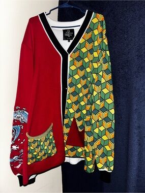 Men's Red & Green Geometric Cardigan